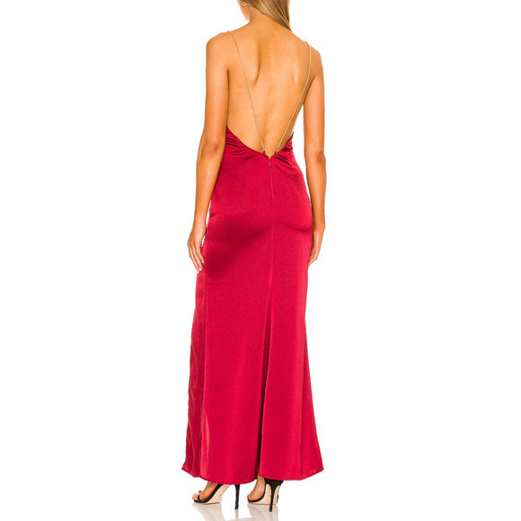 NBD Red Satin Maxi Slip Dress MEDIUM Gown Cowl Backless Slit Formal $258 NEW - Picture 3 of 9